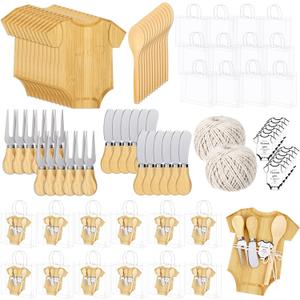 Bonerwhite 74 Pcs 12 Sets Baby Shower Game Prizes Gift Bulk for Guest Winner Bamboo Clothing Shaped Cheese Charcuterie Board Spoon Fork Butter Spreaders Thank You Tag Gift Bag for Baby Shower Favors