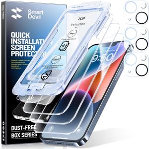 SMARTDEVIL 3-Pack Screen Protector for iPhone 14 Plus with 3-Pack Camera Lens Protector, Clear 9H Tempered Glass Film, Super Fast Installation (Dust-Free & Bubble-Free), Alignment Tool