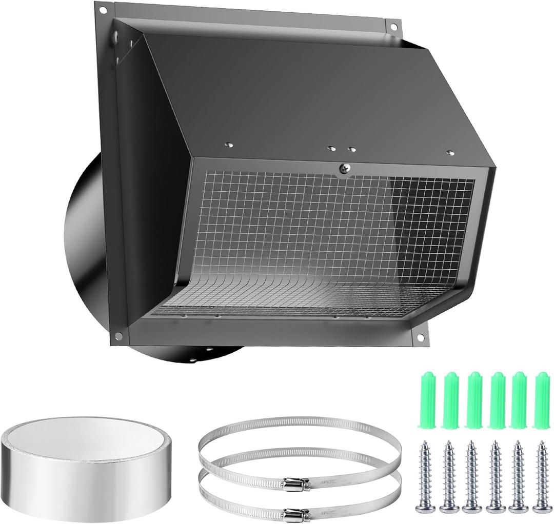 8 Inch Hooded Wall Vent with Screen and Damper,Wall Exhaust Vent Cover Cap,Dryer Vent Cover Outside,External Extractor Wall Vent Hood for House Kitchen Range Hood Air Ventilation Black