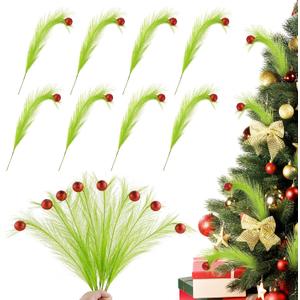 8 Pcs Christmas Tree Topper Decoration, 17" Green Christmas Tree Pick with Red Glitter Berry Ornaments, Artificial Green Fluffy Stems for Christmas Tree Top, Wreath, Vase, Gift Craft Decor