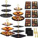 Remerry 16 Pcs Dessert Table Display Set 3 Tier Cupcake Stands Tower Holder Plastic Cookie Serving Trays Gold Serving Tongs for Tea Party Wedding Baby Shower Birthday Table Display(Black)