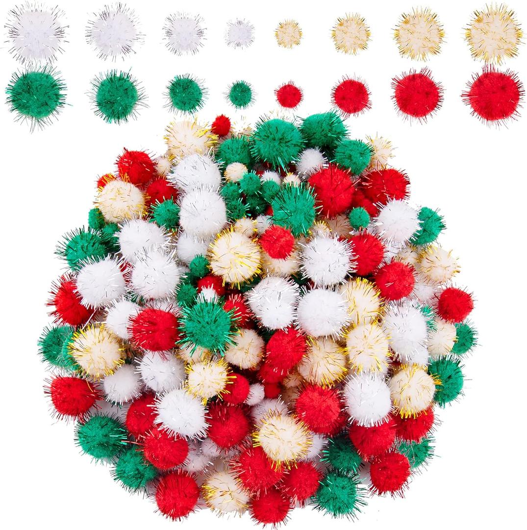 BQTQ 1200 Pieces Christmas Pom Pom Tinsel Balls Glitter Fluffy for Craft Making and Decorations (4 Sizes, Gold, White, Green, Red)