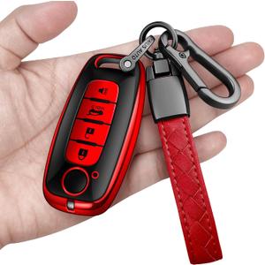 Sindeda for Nissan Key fob Cover with Leather Keychain Soft TPU Full Cover Protection,for 2023-2026 Pathfinder Rogue Ariya Versa Kicks Sentra Armada Murano Key Fob Shell (Red, 4 Buttons-B)
