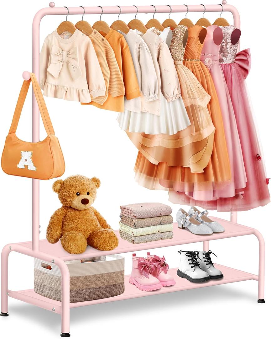 Kids Clothing Rack - Dress Up Storage - Dress Up Rack for Little Girls - Small Kids Costume Wardrobe with 2 Fabric Shelves - Princess Room Bedroom Decor (Pink)