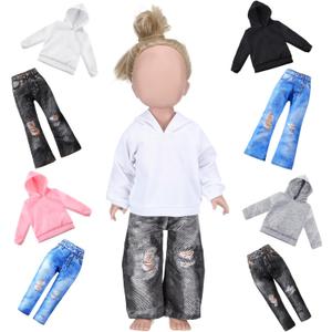 Bencailor 8 Pieces Winter 18 Inch Doll Clothes Dolly Girl Accessories Cotton Sweaters Denim Pant Regular Outfit Clothing for 18 Inch Doll(Black,White,Grey,Pink)