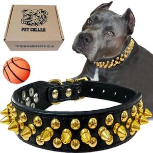 TEEMERRYCA Black Leather Dog Collar with Gold Spikes for Small Medium Large Pets,Pit Bulls/Bulldog, Keep Dog Safe from Grabbing by Huge Dogs,XL(17.7"-20.5")