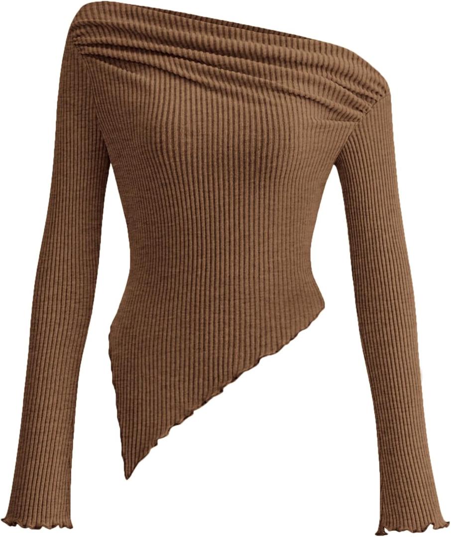 PRETTYGARDEN Women's Spring Long Sleeve Y2K Crop Top Trendy Off Shoulder Asymmetrical Fitted Knit Tee Shirts Going Out Tops (X-Large, Brown)