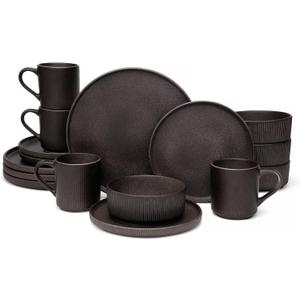 OTAGO 16-Piece Dinnerware Set for 4 with Mugs, Ribbed Stoneware Plates and Bowls Sets, Unique Handcrafted Reactive Glaze, Chip and Scratch Resistant Dish Set, Microwave & Dishwasher Safe, Black