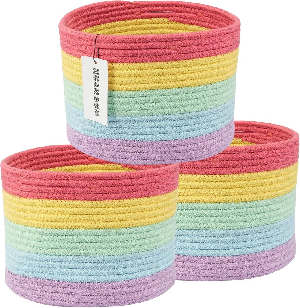 XUANGUO Woven Cotton Rope Storage Baskets - 3-Pack Round Bins (10x10x7'') for Shelves, Closets & Bookcases | Durable Rope Organizers for Nursery, Baby, Toys, Easter & More