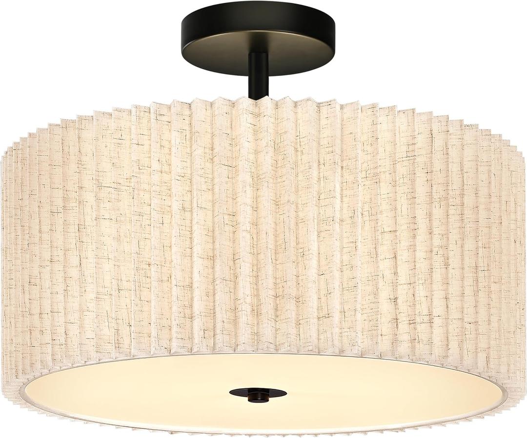 Bagood 3-Light Semi Flush Mount Ceiling Lights Fixture 16 Inch Drum Light Fixture Drum Ceiling Lights with Pleated Fabric Shade Black Close to Light Fixtures for Hallway Living Room