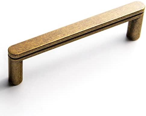 Goo-Ki 5 Pack 3 3/4 Inch Antique Brass Cabinet Pull Handle – Decorative Grooved Texture & Non-Slip Grip for Farmhouse/Industrial Cabinetry
