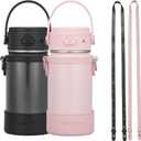 2 Pack Kids Water Bottle with Straw, 14oz Insulated Stainless Steel Tumbler, Leak-Proof Locking Lid for School, Lunchbox, Outdoor Sports,Case with Shoulder Strap (2 Pack, Black+Pink)