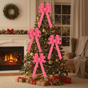 4 Pcs Large Pink Christmas Bows for Wreath 11.8 x 25.6 Inches Velvet Christmas Tree Topper Pink Bow Ornament for Xmas Home Outdoor Indoor Party Decoration