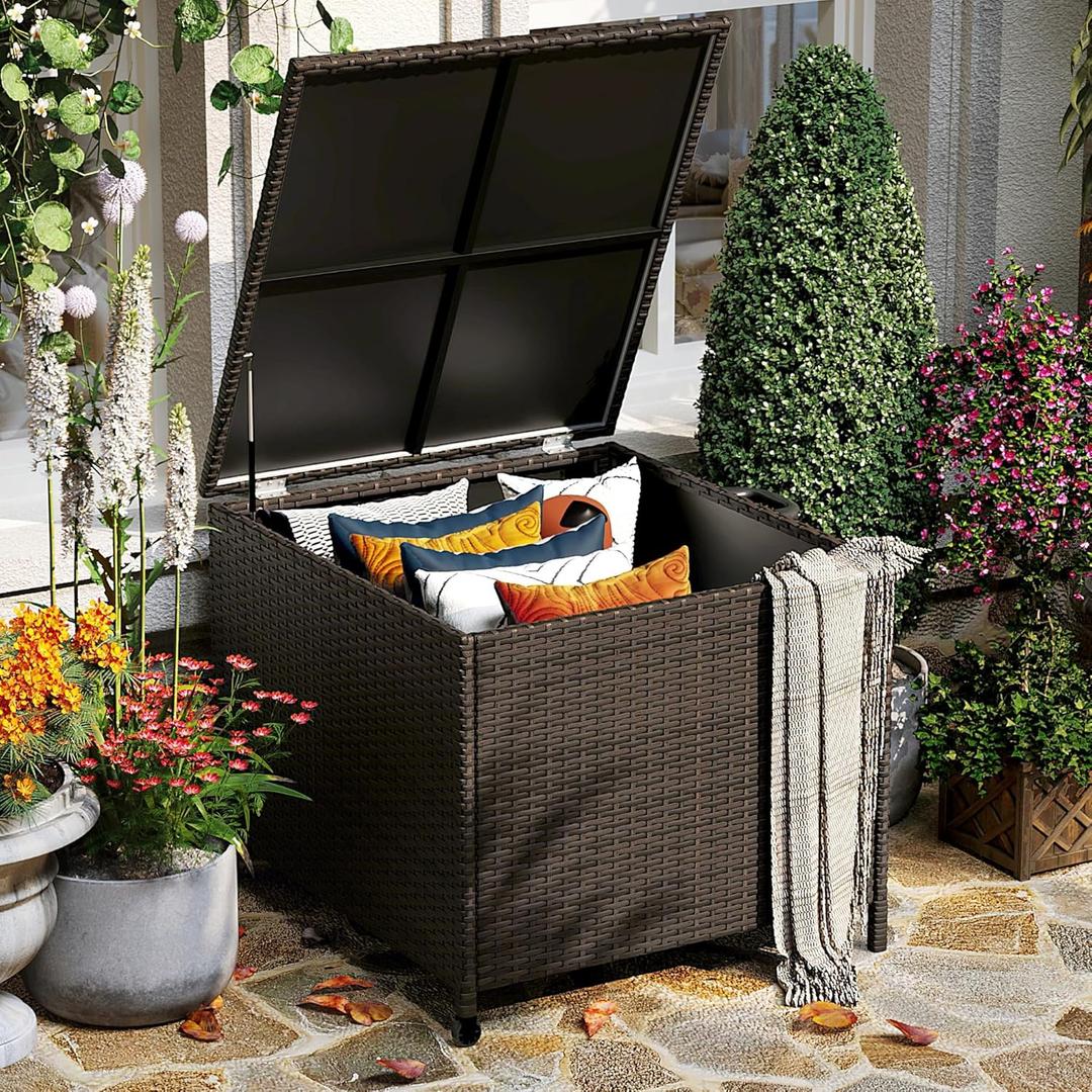 80 gal Deck Box, Outdoor Patio Storage Box, Wicker Patio Deck Boxes with Lid, Waterproof and Weather-resistant, Outdoor Furniture for Cushion, Pillows, Indoor, Pool, Balcony, Yard, Garden(Brown)