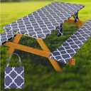 Fitted Picnic Table Cover with Bench Covers Waterproof Elastic Edges Rectangle Patio Tablecloth Outdoor Camping Essentials Stuff Rv Accessories Summer Trip Travel Supplies Party Camper Gifts, 6 ft (72x30in, Blue Line Flower)