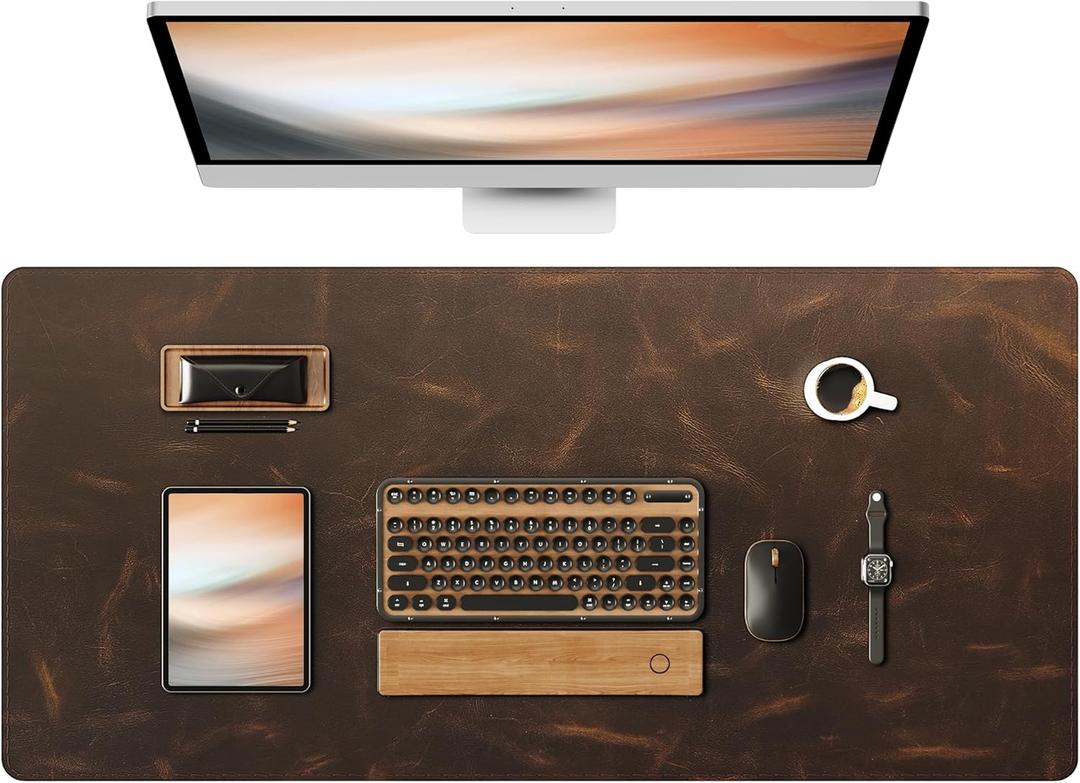 YSAGi Leather Desk Mat, 35.4"x17"Real Leather Desk Pad,3mm Thick Desk Blotter with Stitched line, Oil-Wax Feel Mouse pad and Self-Healing Laptop Pad for Home & Office(Classic Dark Brown)