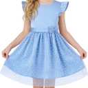 DIPUG Girls Tulle Dress, Casual Birthday Party Flower Girl Summer Dresses Polka Dot Bow & Flutter Sleeves, 5-12Y