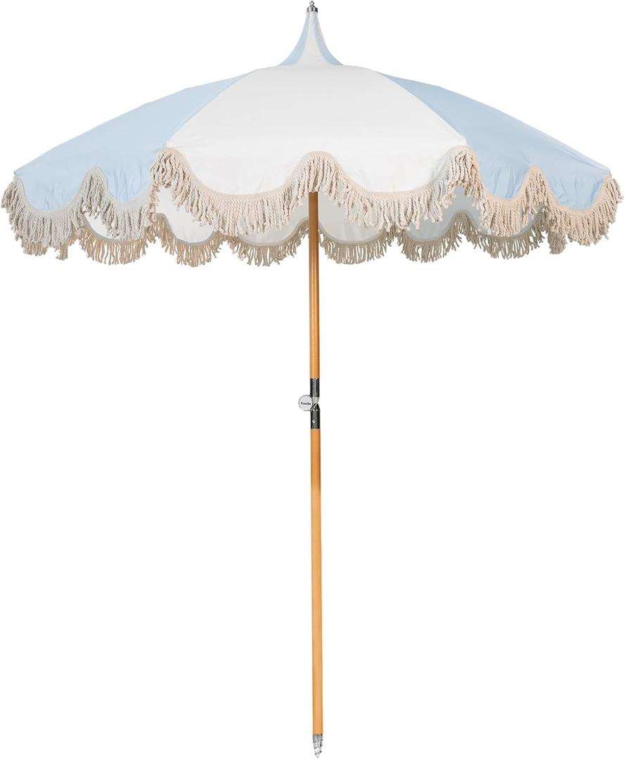 6.5ft Pagoda Beach Umbrella with Fringe, UPF 50+ Boho Umbrellas with Carry Bag, Premium Wood Pole Foldable Tassel Umbrella for Outdoor Garden Lawn Pool Yard Table (Blue)