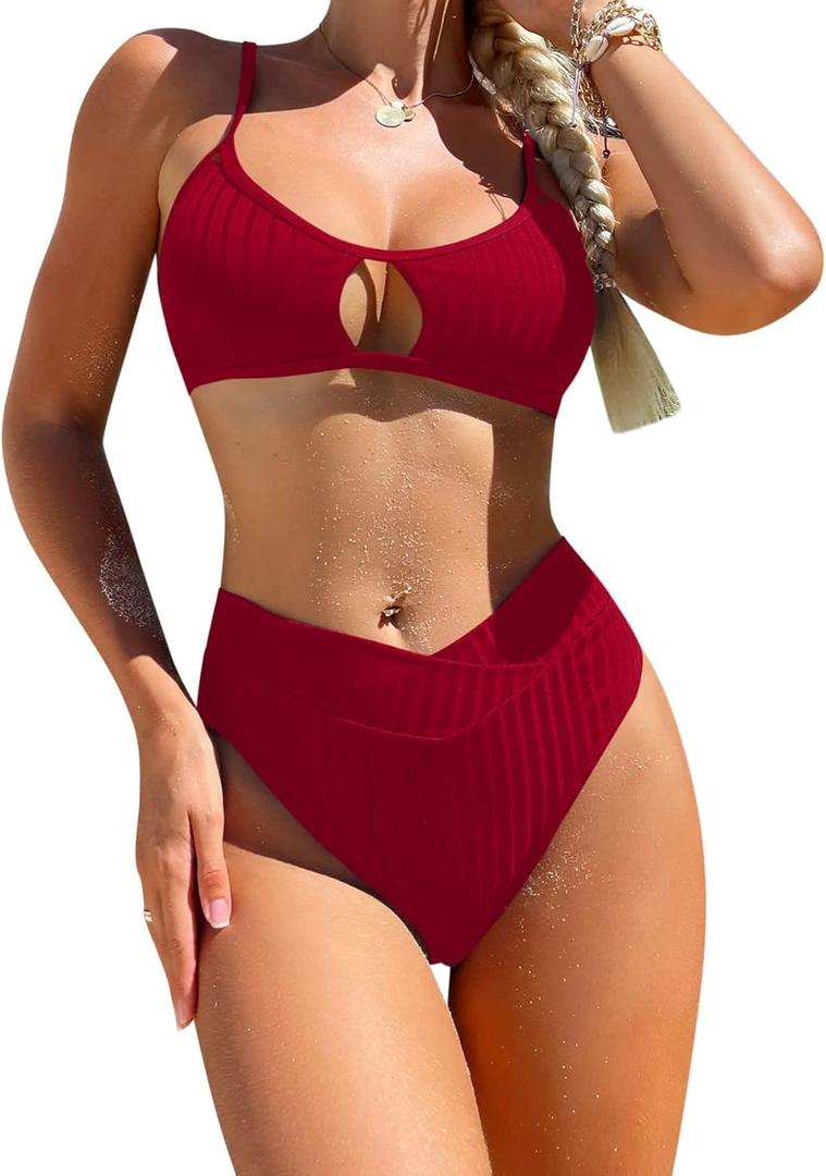 Lilosy Sexy High Waisted Cutout Ribbed V Cut Bikini Set 2 Piece Swimsuit (Large, Red)