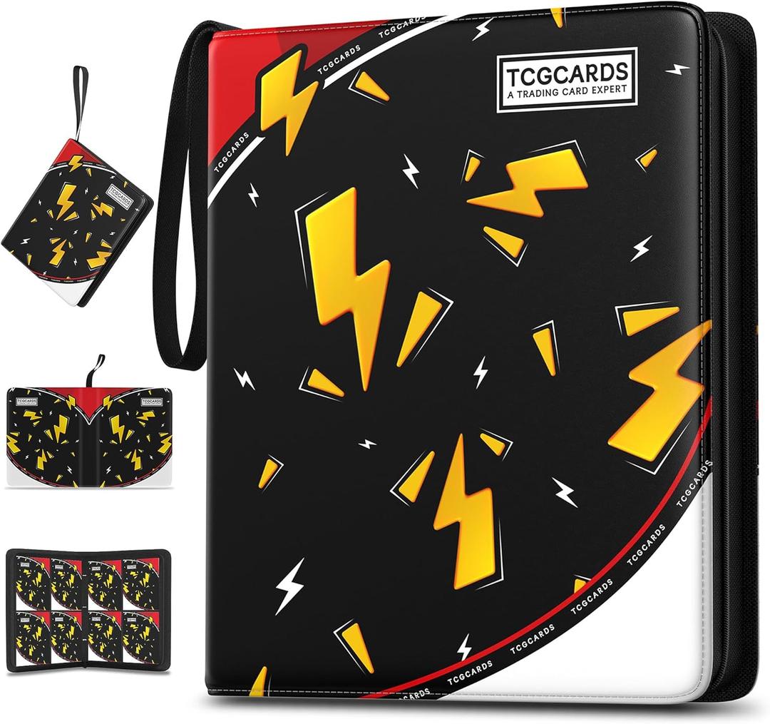 Trading Card Binder 4 Pocket,400 Pocket Card Collection Binder with 50 Removable Sleeves,PU Waterproof Top Card Book,3-Ring Zipper Collectible Trading Card Album for MTG/TCG/Card Holder Gift(Black) (Small)