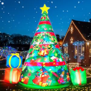 zukakii 7FT Christmas Inflatables Tree Built-in 360 Rotating Colorful LEDs & Lighted Star, Christmas Decoration Outdoor Blow up Yard Decorations with 3 Gift Boxes for Xmas Party Holiday Indoor