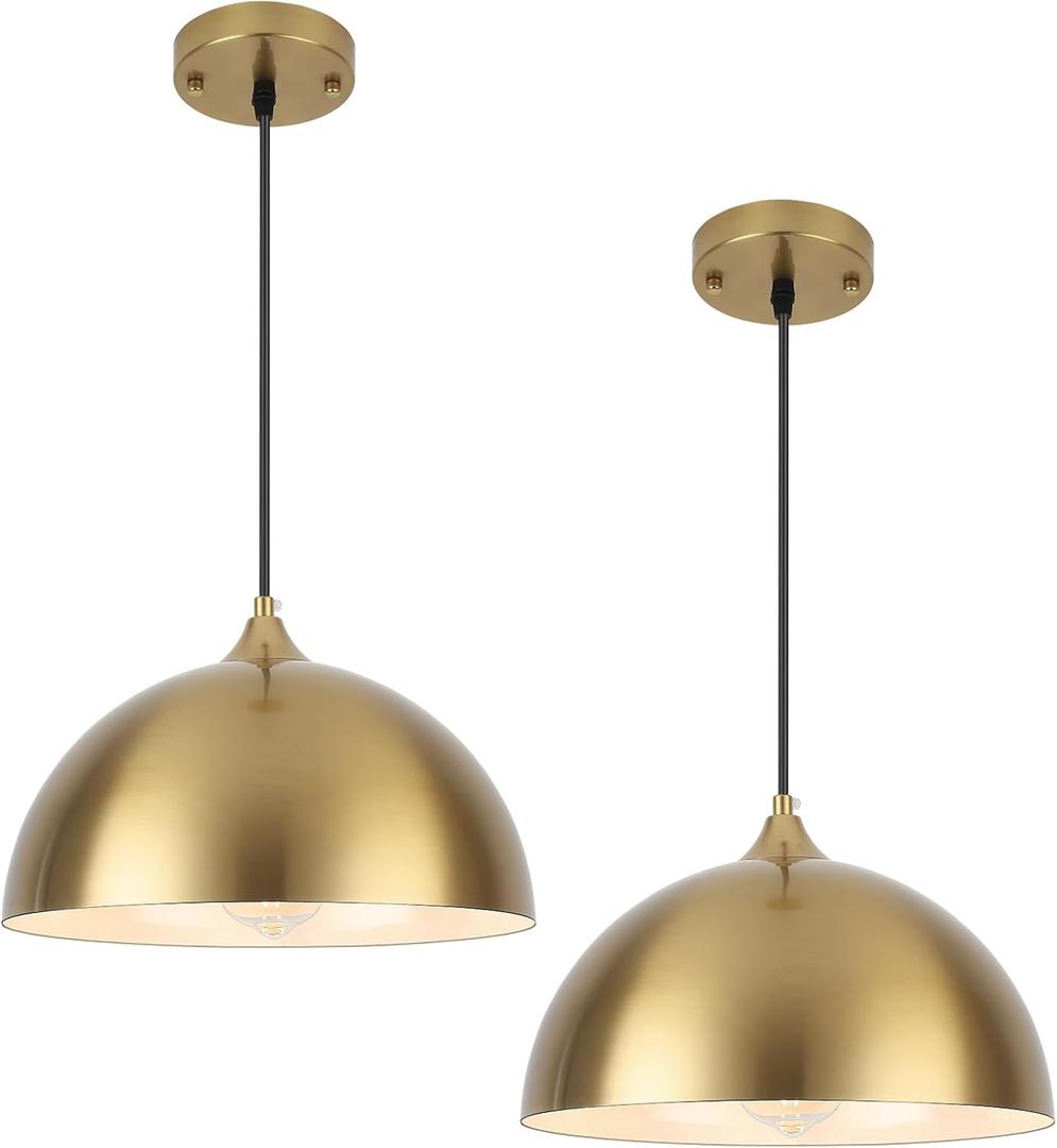 Gold Pendant Light 11.8" Farmhouse Dome Pendant Lights with Brass Finish,Modern Hanging Lamp for Kitchen Island Dining Room Bedroom Restaurant Bar Cafe, 2 Pack