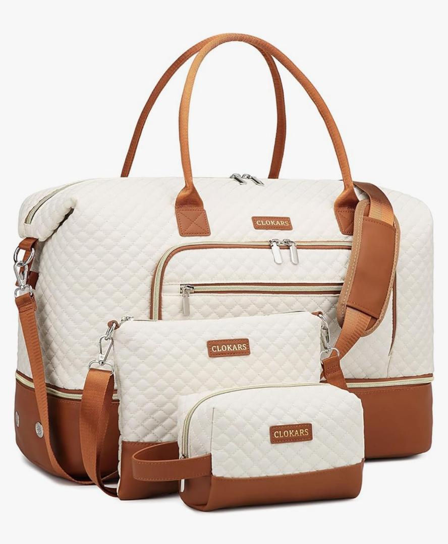 Weekender Bags for Women, Travel Duffle Bag Carry On Overnight Bag with Cosmetics Bag and Crossbody Purse for Gym Hospital, Gifts for Women, Beige Brown