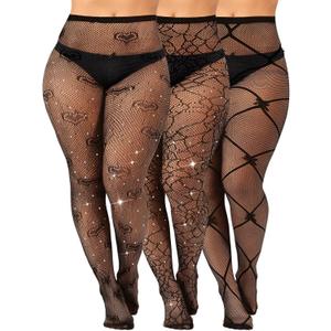 Geyoga 3 Pair Plus Size Rhinestone Fishnets Stockings Glitter Sparkly Tights High Waist Black Fishnet Pantyhose for Women (Large-X-Large)