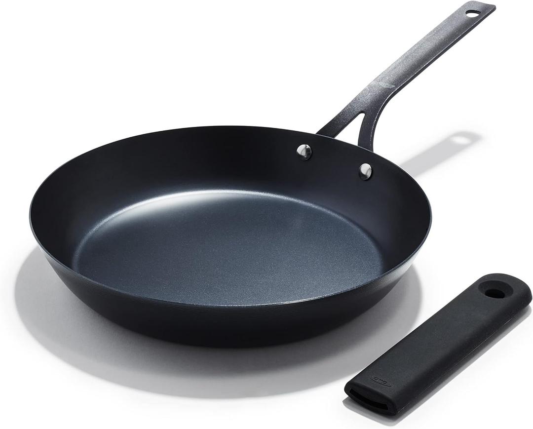 OXO Obsidian Pre-Seasoned Carbon Steel, 12" Frying Pan Skillet with Removable Silicone Handle Holder, Induction, Oven Safe, Black