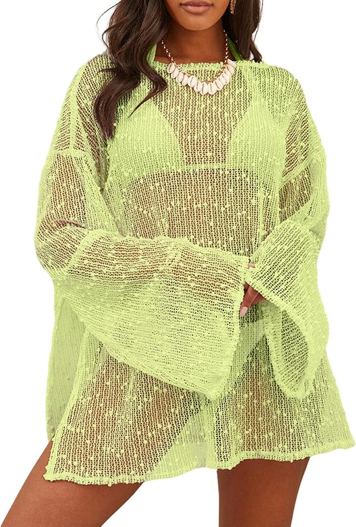 Lilosy Sexy Crochet Sheer Kaftan Caftan Beach Dress Bathing Suit Swim Coverup One Piece (Medium, Light Green)