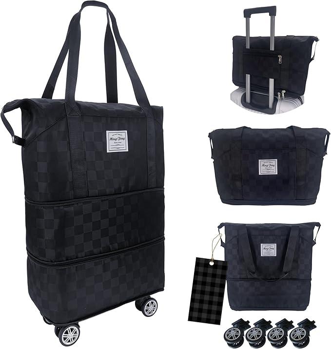 DRVOON Expandable foldable duffel bag suitcase, detachable rolling wheels,carry-on large duffel bag,luggage bag,suit gym,camping,travel or business trip,Gift for wife and parents-Checkerboard(BLACK)