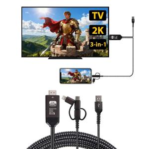 Universal 3-in-1 HDMI Mirroring Cable (6.6FT), Lightning/Micro USB/USB C to HDMI Adapter for All iPhone, Android Phones, iPad, Support 2K 60Hz 1080P Mirroring to Projector/Monitor/TV