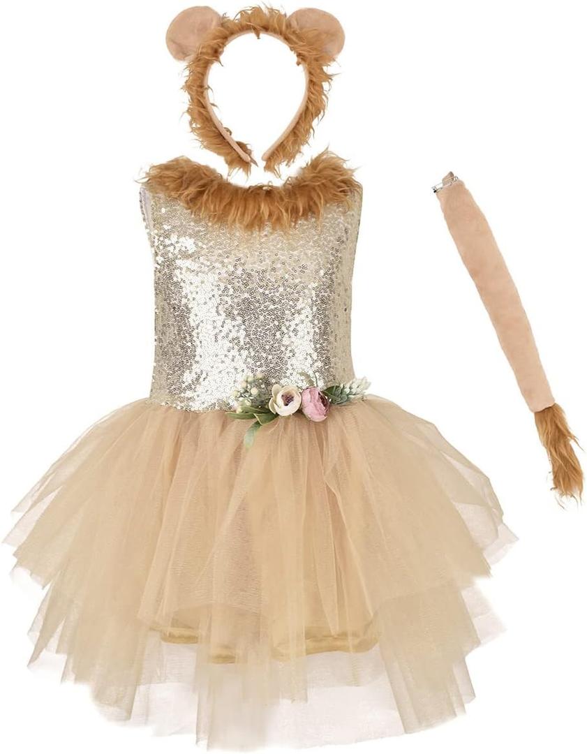 IWEMEK Toddler Girls Sequin Lion Tutu Dress Halloween Costume Fancy Cosplay Dress up Animal Theme Ruffle Tulle Short Tiered Gown Birthday Outfit Lion Headband Tail Set Sequined Lion 18-24 Months