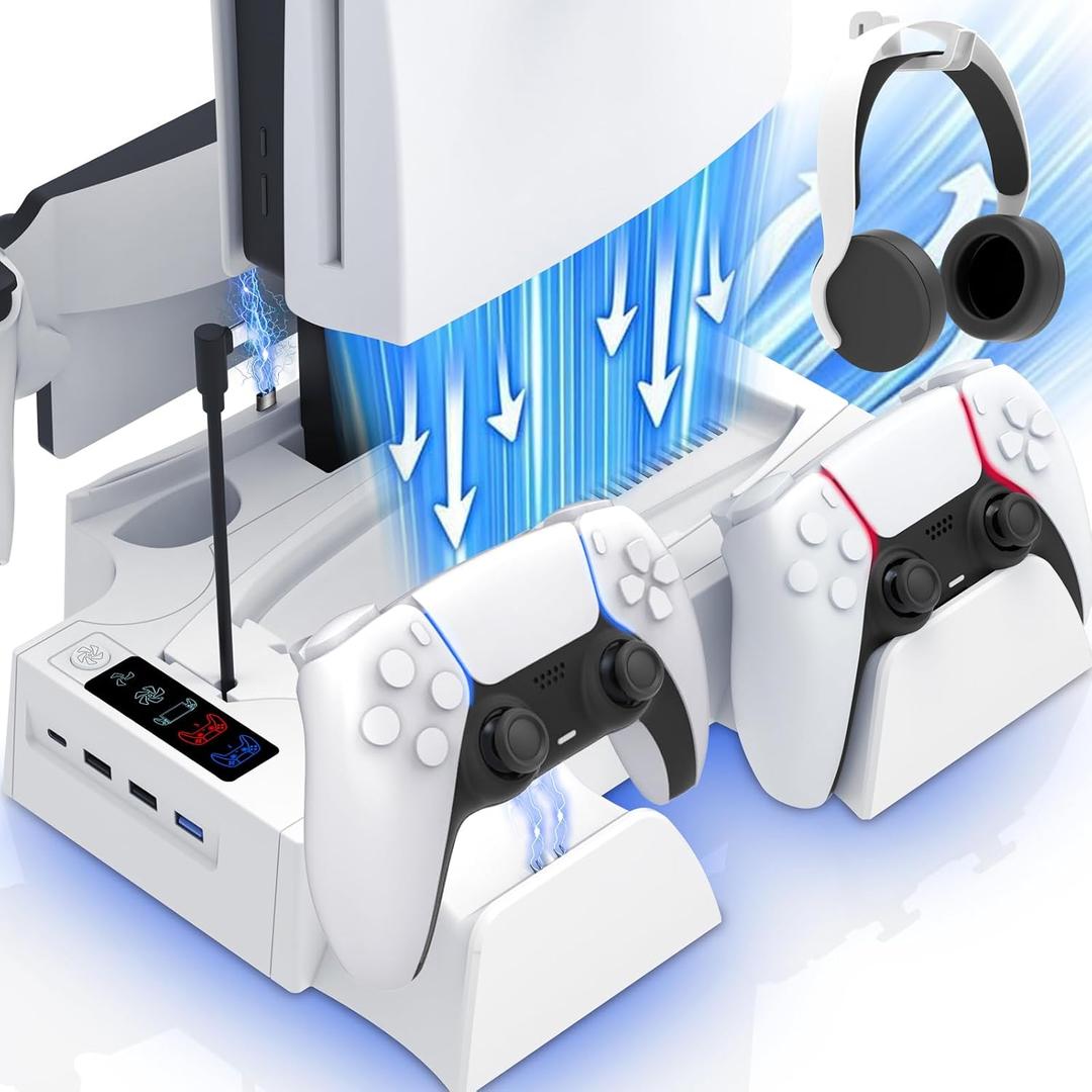 PS5 / PS5 Slim Cooling Station with PlayStation Portal and Controller Charging Station, Cooling Stand for PlayStation 5, PS 5 Portal Charger Dock Accessories with Cooler Fan, Headset Holder, 4 USB Hub