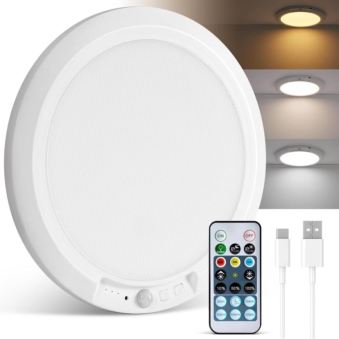 wowatt 10000mAh Rechargeable Ceiling Light with Remote, 3 Color Temperatures & Brightness Dimmable, Wireless Ceiling Light with Magnetic Design, Battery Ceiling Light for Shower Hallway Pantry