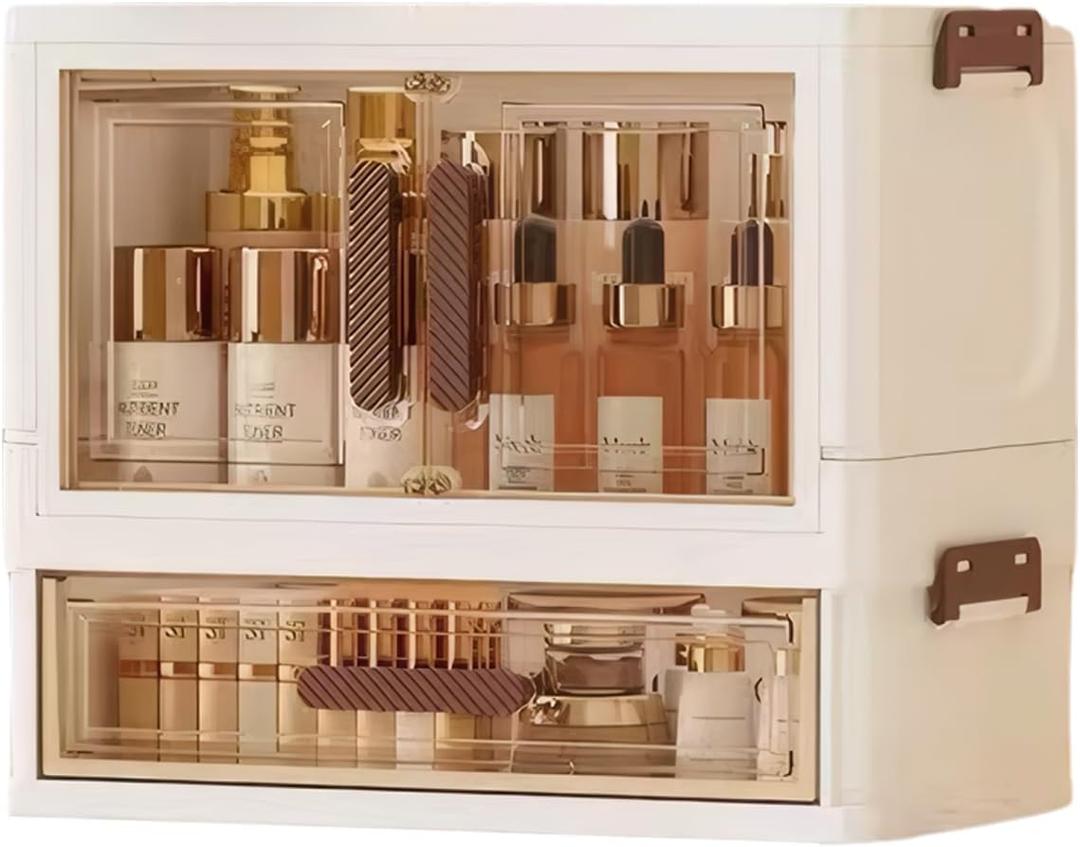 A stackable desktop organizer with drawers and compartments, ideal for storing cosmetics, beauty tools, jewelry, and school supplies in a student dorm. Features a convenient magnetic door handle.