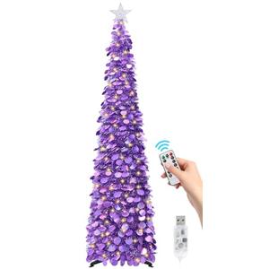SINTENILL 6 FT Pop Up Christmas Tree with 100 LED Timer Lights & Remote, Purple Collapsible Christmas Tinsel Tree Artificial Pencil Tree Xmas Decoration for Holiday Home Office Party, USB Powered