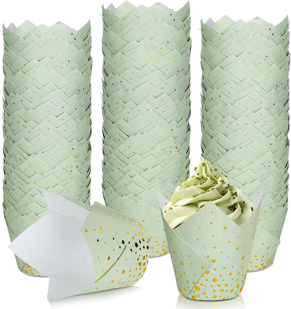 Whaline 200Pcs Sage Green Gold Dots Tulip Cupcake Liners Greaseproof Muffin Baking Liners Foil Gold Dots Cupcake Wrappers Baking Cup for Bridal Baby Shower Wedding Birthday Party Decor