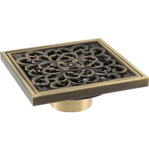 MY MIRONEY Antique Floor Drain Square Brass Shower Drain 4 Inch Bathroom Ground Drainer with Removable Cover Waste Water Strainer - Rattan Fower Carved, Bronze 