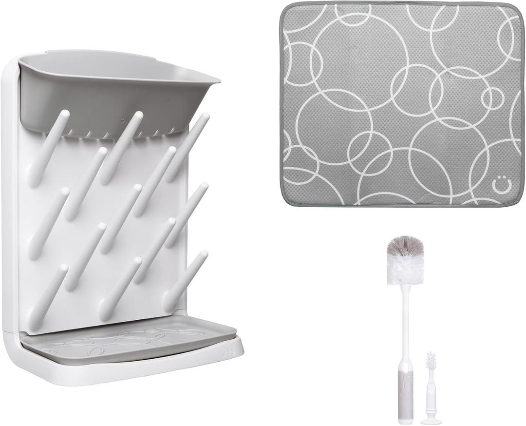 Ubbi Vertical Bottle Drying Rack, Bottle Brush & Microfiber Drying Mat Bundle, Newborn Baby Essentials, Baby Registry Must Haves, New Parent Gifts, Gray (One Size)