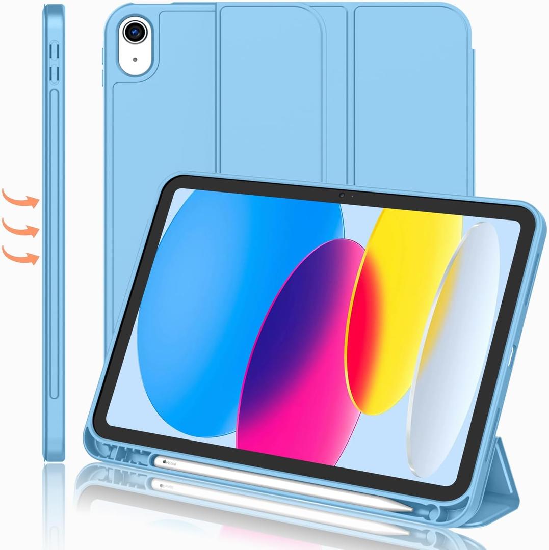 iMieet iPad (A16) Case 11th Gen/iPad 10th Generation Case [11-Inch 2025/10.9 Inch 2022] with Pencil Holder, Trifold Stand Smart Cover with Soft TPU Back,Auto Wake/Sleep(Azure Blue)