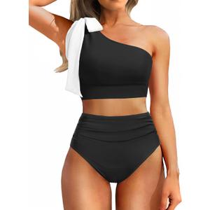 Tempt Me Women Black High Waisted Bikini Sets - Two Piece Swimsuits One Shoulder Bathing Suit with Full Coverage Bottom S
