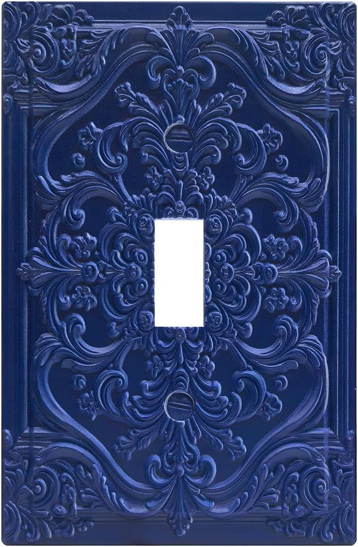 Decorative Light Switch Plate Covers Navy Blue 3D Floral Embossed 1 Gang Light Switch Cover Plate Single Toggle Wall Plate Outlet Covers Faceplate for Bedroom Home Decor
