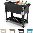 Permasteel 80-Qt Antique Patio Cooler for Outside | Outdoor Beverage Cooler Bar Cart, Rolling Cooler with Wheels and Handles, Wooden Teak Accent, Black