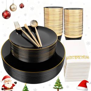 MirthMood 210Pcs Black and Gold Disposable Plates, Black Plates, Black and Gold Plates Include 30 Dinner, Dessert Plate, 30 Cup&30 Napkins, 90 Gold Silverware for Wedding & Party & Birthday & Halloween