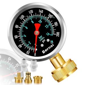 0~200Psi Stainless Steel Frame 3/4" Female Liquid Filled Pressure Gauge kit Plus 5 adapters, Waterproof, 2.7" Dial Size Multi-Purpose Pressure Gauge Tester for House, Water Pipes, Gardens