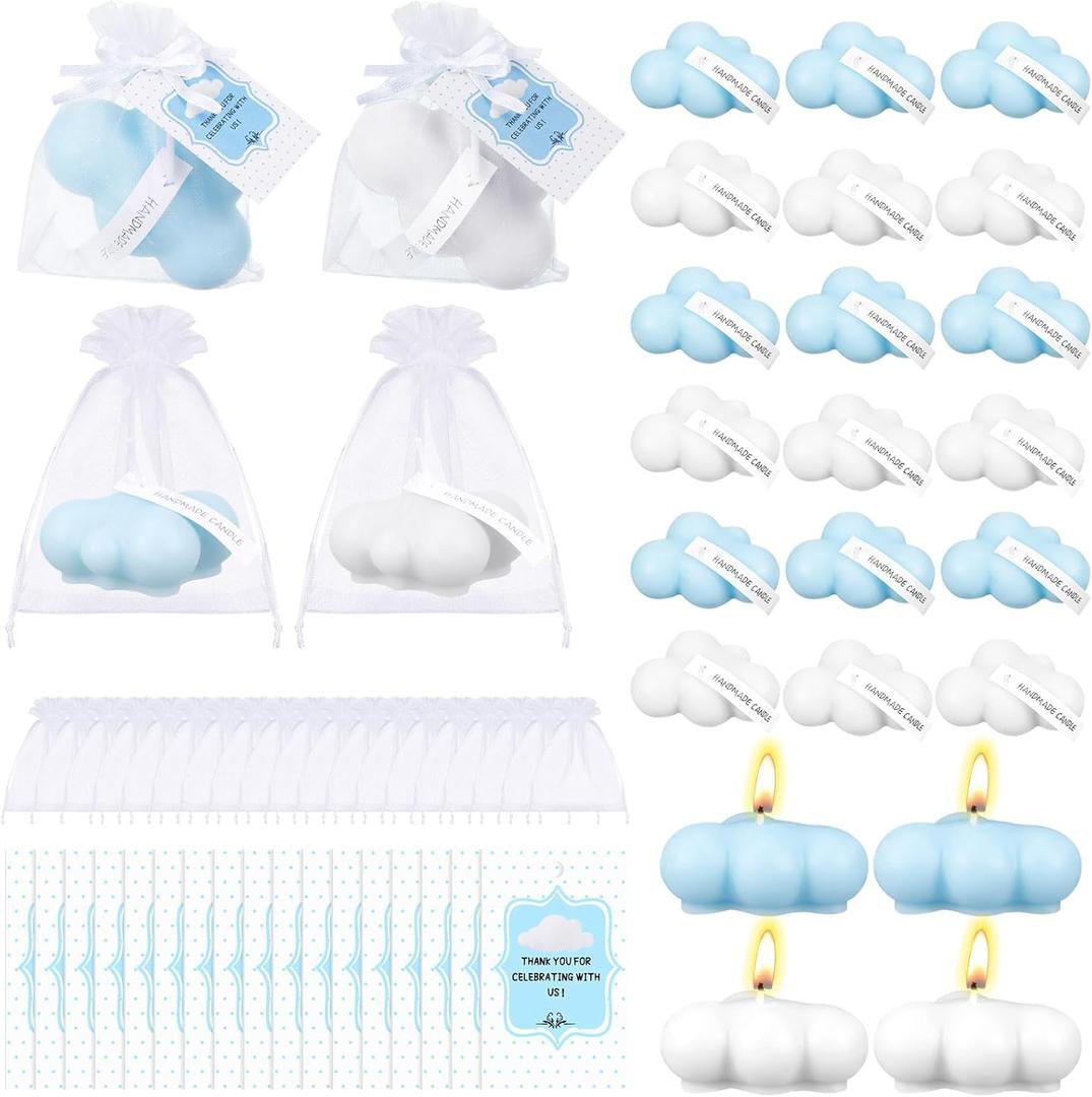 Treela 24 Sets Cloud Baby Shower Party Favors for Guests Small Tealight Candles Thank You Tags Return Gifts for Baby Shower Cloud 9 Theme Party Favor Decorations(Classic,Blue and White)