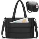 RAINSMORE Tote Bag for Women with Cup Holder, Puffer Work Bag, 15.6 inch Quilted Laptop Handbag for Work, Travel, Teacher, Black
