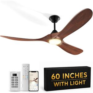 Wall Switch-60 inch Outdoor Ceiling Fan with Light Remote for Patios, Wet Rated Wood 3-Blade Propeller Ceiling Fans, Smart APP, High CFM 6-Speed DC Motor for Exterior Indoor, 3 LED Glass Lamp, Walnut