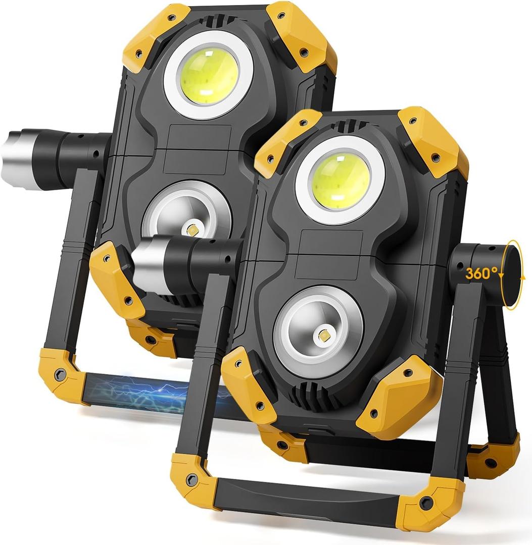 2 Pack 2500LM Magnetic Rechargeable Work Light, LED Work Light Rechargeable with 360 Rotation Stand & Foldable Design, 5 Lighting Modes Magnetic Flashlight for Car Repairing Camping Emergency (Yellow)